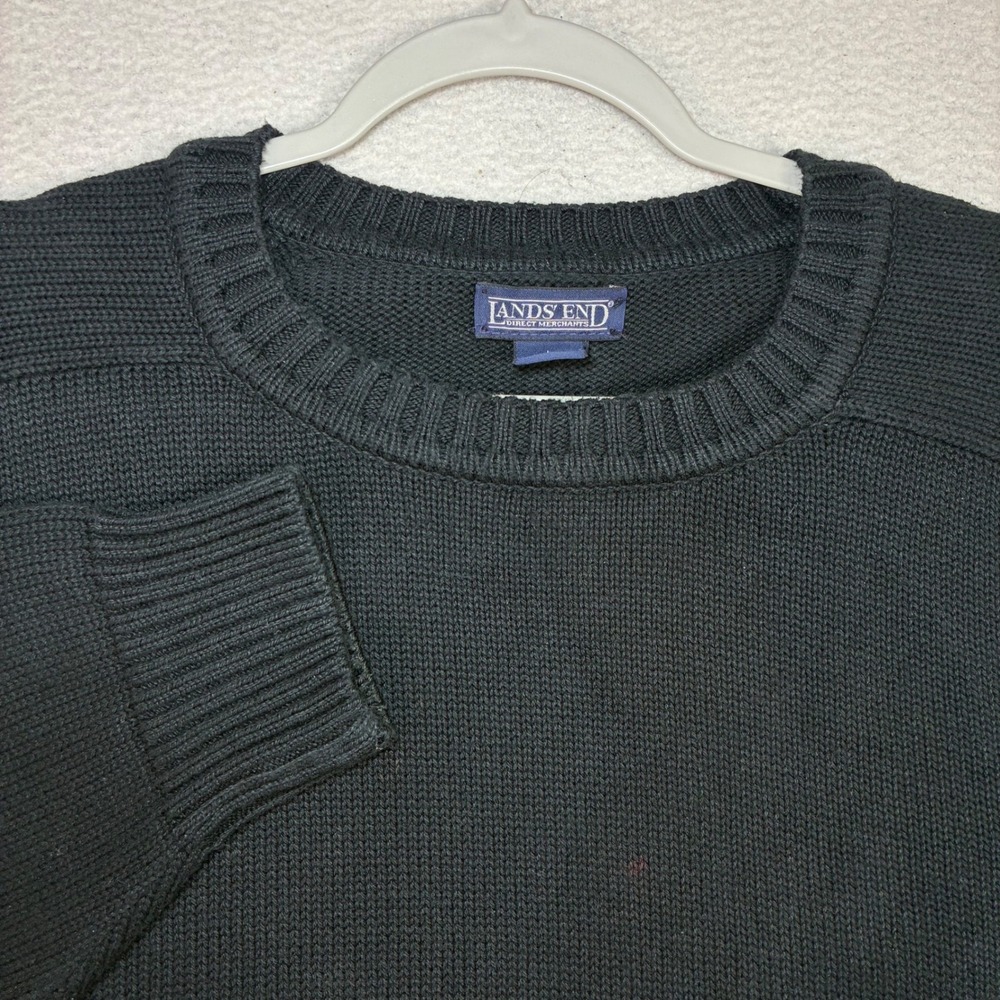 Vintage Lands End Crewneck Sweater Men LT Tall Black Cotton Preppy 90s Made USA